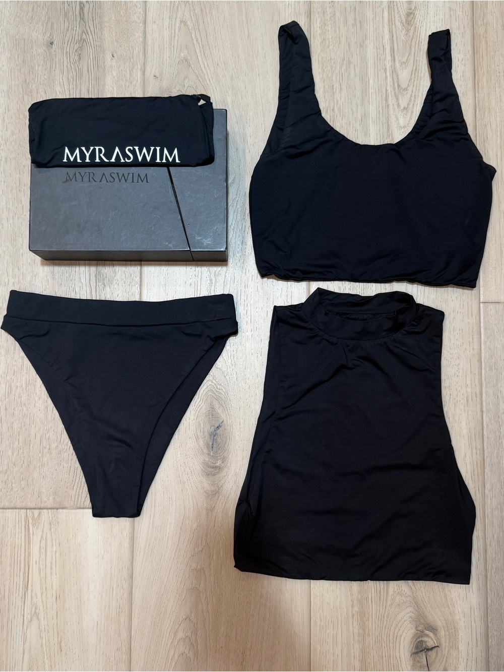 MYRASWIM Black Women's 3-Piece Bikini Set - Crop Top, High-Waist Brief, Tank